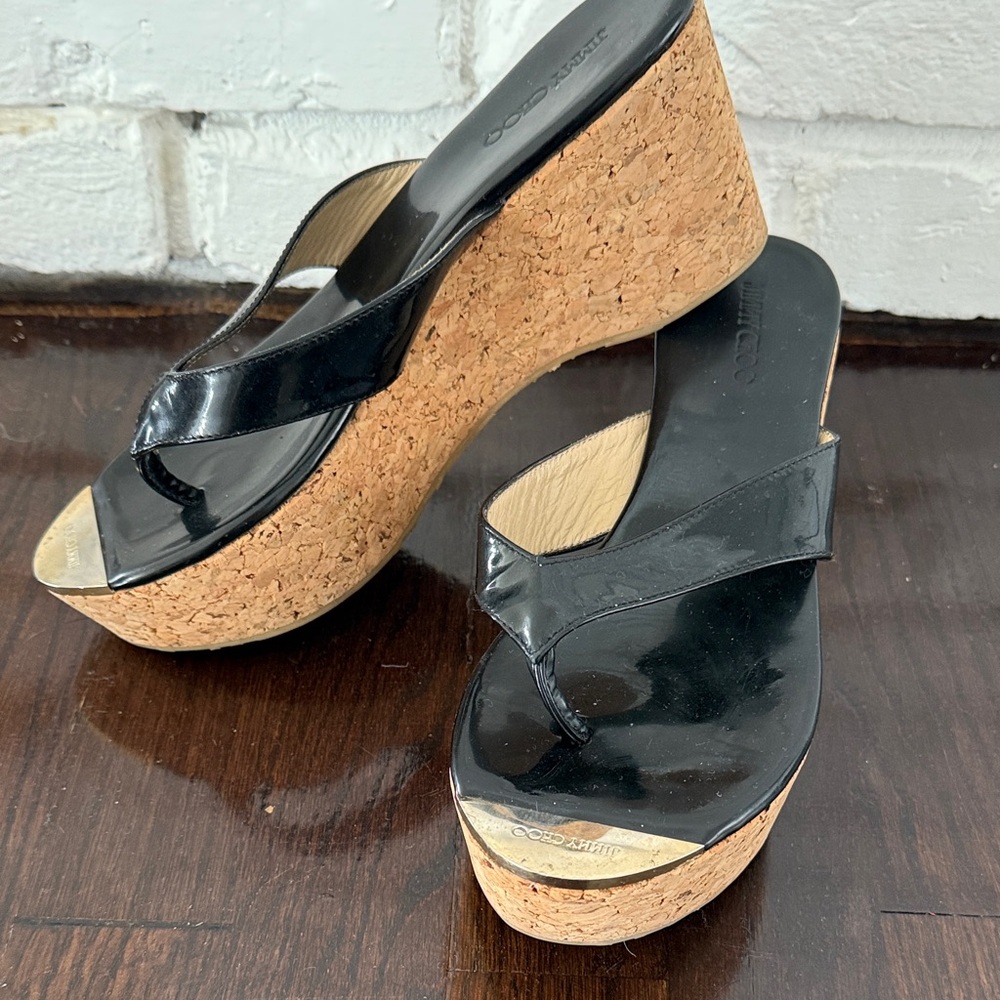 Jimmy Choo Black Patent Pathos Wedge Sandals Thongs 39